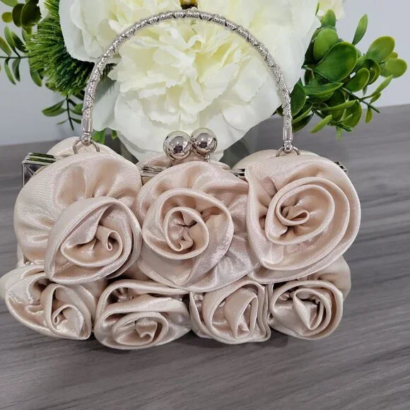 Elegant Latte Satin Roses Wedding Party Clutch Purse w/Rhinestone Handle & Chain - Picture 4 of 7